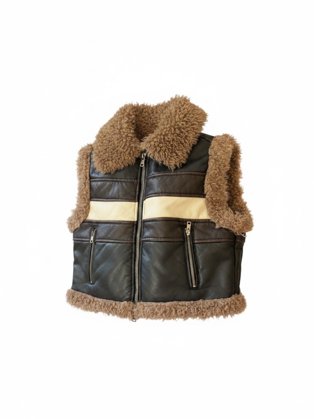 Brown Faux Shearling Trim Zip Vest with Cream Stripe